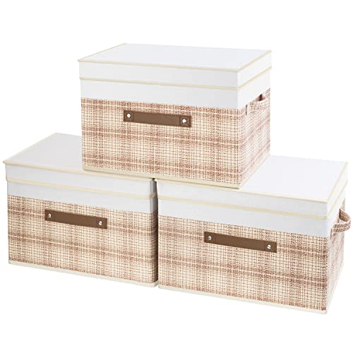 TYEERS Faltbare Aufbewahrungsbox mit Deckel, Stoff, Patchwork-Design, Kisten Aufbewahrung mit Deckel, 38x25x25 cm, 3-Stück, Lohfarben von TYEERS