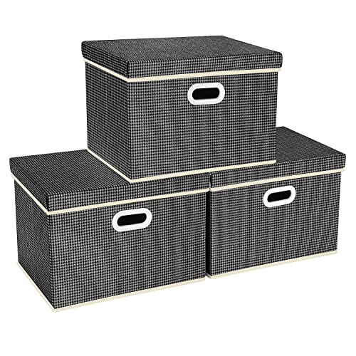 TYEERS Aufbewahrungsbox mit Deckel Groß Stoff, Muster, Waschbare, Kisten Aufbewahrung mit Deckel, 44x30x29 cm, 3-Stück, Dunkelgrau von TYEERS