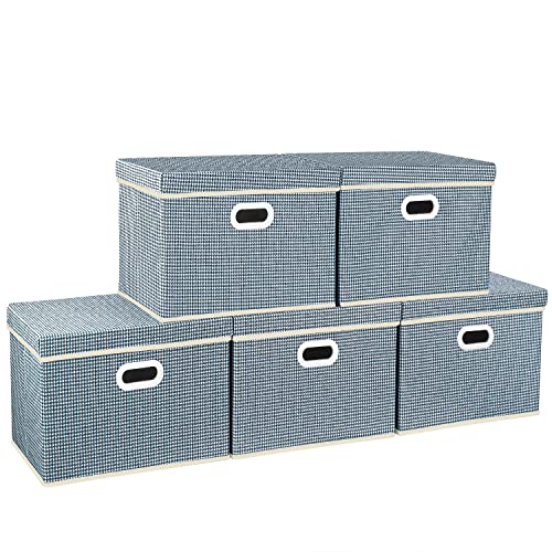 TYEERS Aufbewahrungsbox mit Deckel Groß Stoff, Muster, Waschbare, Kisten Aufbewahrung mit Deckel, 44x30x29 cm, 5-Stück, Blau von TYEERS