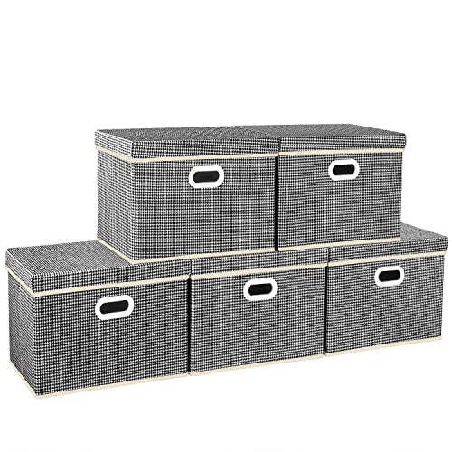 TYEERS Aufbewahrungsbox mit Deckel Groß Stoff, Muster, Waschbare, Kisten Aufbewahrung mit Deckel, 44x30x29 cm, 5-Stück, Schwarz von TYEERS