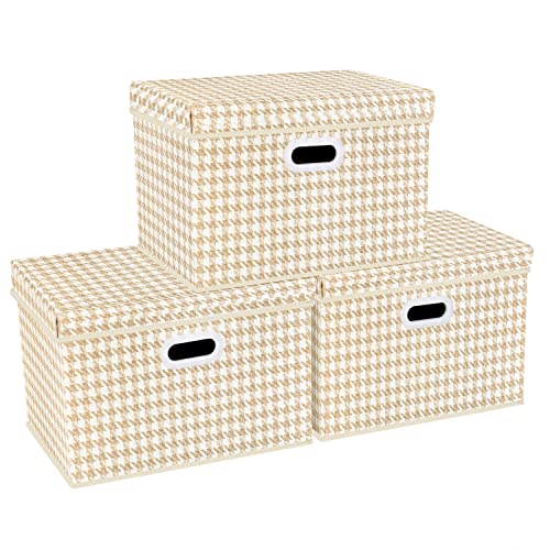 TYEERS Aufbewahrungsbox mit Deckel Groß, Muster, Stoff, Faltbare, Kisten Aufbewahrung mit Deckel, 44x30x29 cm, 3-Stück, Beige von TYEERS