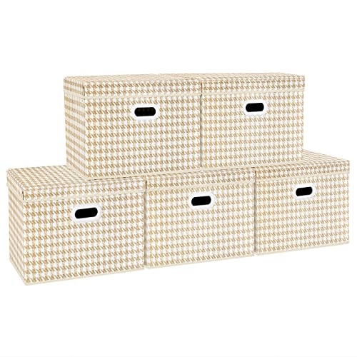 TYEERS Aufbewahrungsbox mit Deckel Groß, Muster, Stoff, Faltbare, Kisten Aufbewahrung mit Deckel, 44x30x29 cm, 5-Stück, Beige von TYEERS