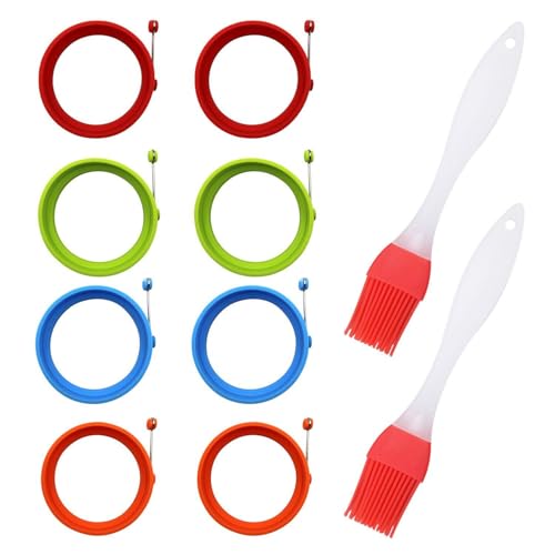 8 Stück Runde Omelettringe, 2 Stück Ölpinsel, Pfannen-Omelettformen, Silikon-Omelettringe, Antihaftbeschichtete Omelettformen, Pfannkuchenförmige Eierringe, Küchen-Omelett-Set von TYFGRT