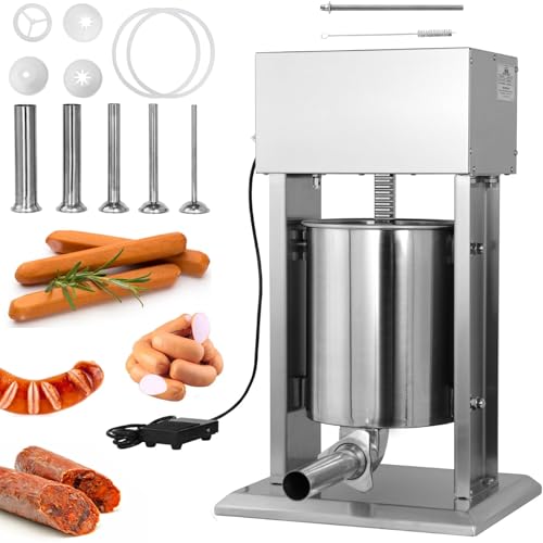 Manueller Wurstfüller, vertikale Wurstmaschine, Edelstahl in Handelsqualität mit 5 Rohren, Fleischfüller mit zwei Geschwindigkeiten, Fußpedal und Geschwindigkeitsregelung von TYH