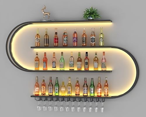 TYHAYJYK 71 Zoll großes wandmontiertes Weinregal mit LED-Licht, 4-stufigen halbrunden Barregalen, industriellem Metall-Display-Aufbewahrungsregal und Weinglashaken für die Hausbar, das Essz TYHAYJYK 71 Zoll großes wandmontiertes Weinregal mit LED-Licht, 4-stufigen halbrunden Barregalen, industriellem Metall-Display-Aufbewahrungsregal und Weinglashaken für die Hausbar, das Essz von TYHAYJYK