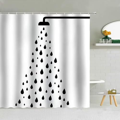 TYHKXAI Schlichter schwarz-weißer Duschvorhang mit Regentropfen, geometrisches Wassertropfenmuster, Polyestergewebe, Badezimmer-Dekoration (123 x 220 cm/B x H) von TYHKXAI