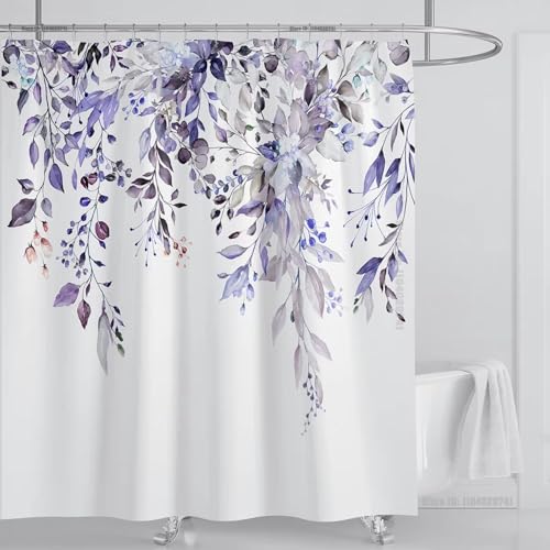 TYHKXAI Smaragdgrüner Eukalyptus-Duschvorhangstoff, Aquarell-Pflanzenblätter mit floralem Badezimmer-Duschvorhang-Set mit Haken 125x225cm/BxH von TYHKXAI