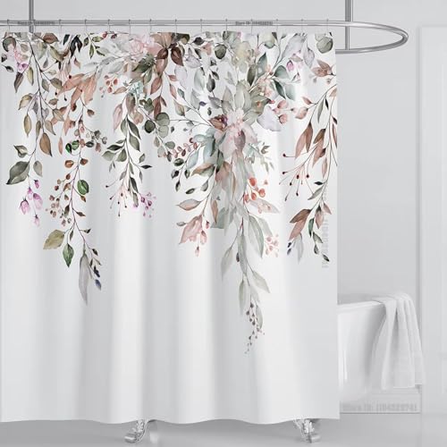 TYHKXAI Smaragdgrüner Eukalyptus-Duschvorhangstoff, Aquarell-Pflanzenblätter mit floralem Badezimmer-Duschvorhang-Set mit Haken 85x210cm/BxH von TYHKXAI