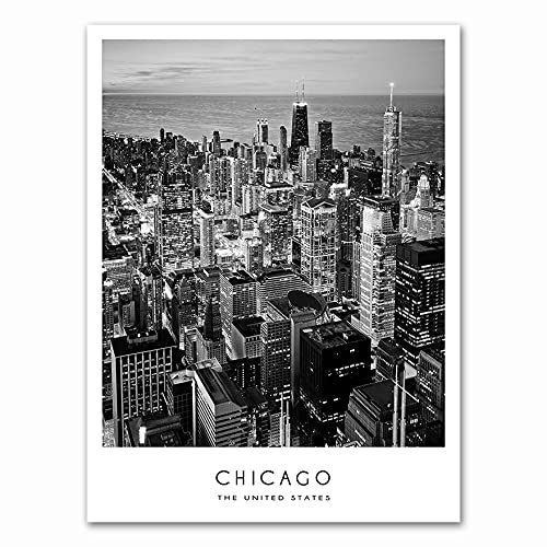 Moderne Schwarz Weiß Chicago City Street Gebäude Nachtansicht Landschaft Leinwand Malerei Wandkunst Poster Wohnzimmer Büro Wohnkultur Wandbild von TYIYT