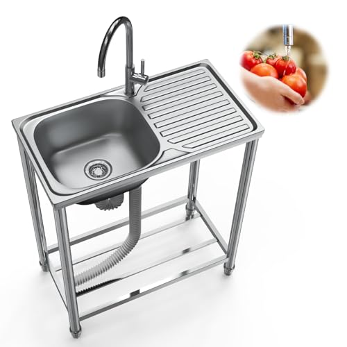Freistehende Edelstahl Spültisch Gastro 1 Becken, | |Gewerbliche Spülbecken mit Wasserhahn,Ablassvorrichtung, für Bepflanzung von Blumenkästen und Töpfen, Gartengeräte-Reinigung (75×40×80 cm) von TYJZKJWQ