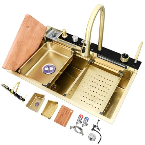 Gold-Digitalanzeige-Wasserfall-Arbeitsplatzspüle, Große Einzelrillen-Küchenspüle, Slide-and-Dine-Arbeitsplatzspüle, Mit Druckbecherspüler Und Zwei Wasserfällen (Color : Gold, S : 80x46x22cm) von TYLZDZ