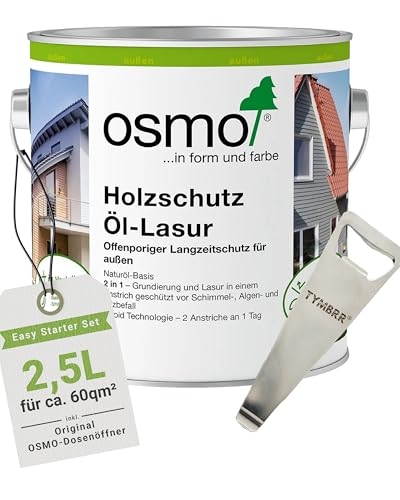 OSMO.Holzschutz Öl-Lasur Teak, 2,5L für außen inkl. TYMBRR Dosenöffner, seidenmatt & wetterfest, Holzlasur & Öl für Zäune Fenster Carports, offenporig UV-beständig von TYMBRR