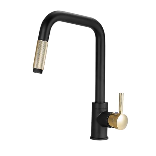 TYMYW Küchenarmatur mit Herausziehbarer Brause 2 Strahlarten 360° Schwenkbar Wasserhahn Küche Einhebelmischer Schwarz + Gold TYMYW Küchenarmatur mit Herausziehbarer Brause 2 Strahlarten 360° Schwenkbar Wasserhahn Küche Einhebelmischer Schwarz + Gold von TYMYW