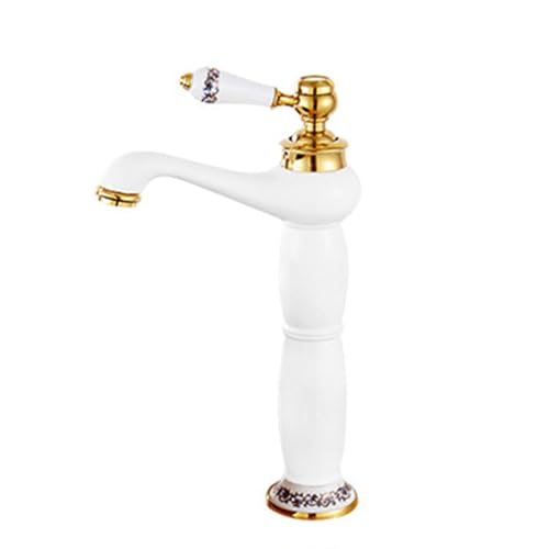 TYMYW Waschtischarmatur Hoch Messing mit Keramik-Einzelgriff Mischbatterie Wasserhahn Bad Hoch Einzelloch,Weiß + Gold von TYMYW