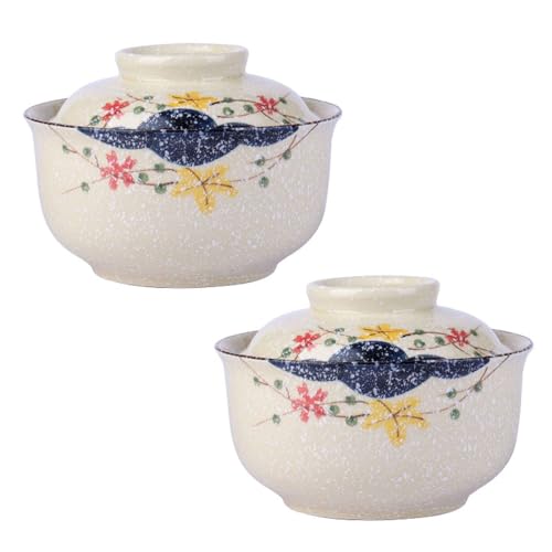 TYMYYS Keramik Suppenschüsseln Mit Deckel 2er Set Reisschalen 2er Set Kleine Ramen Schalen Mikrowellenfest-Blume-750ml von TYMYYS