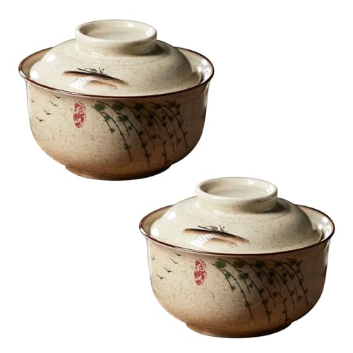 TYMYYS Keramik Suppenschüsseln Mit Deckel 2er Set Reisschalen 2er Set Kleine Ramen Schalen Mikrowellenfest-Weide-750ml von TYMYYS