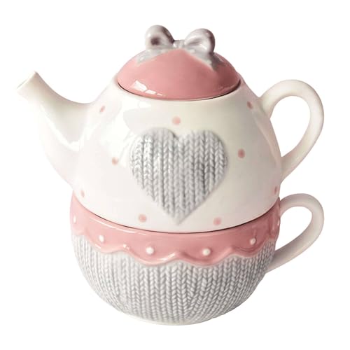 TYMYYS Tea For One Teekanne Und Tassen-Set, Teeservice Aus Knochenporzellan, Teekannen-Geschenksets Für Frauen, Teekanne Und Tassen Set-Herz-Topf 450ml,Tasse 450ml von TYMYYS