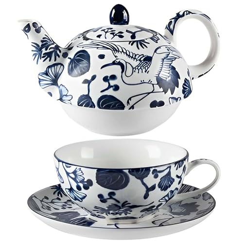 TYMYYS Tea For One Teekanne Und Tassen-Set, Teeservice Aus Knochenporzellan, Teekannen-Geschenksets Für Frauen, Teekanne Und Tassen Set-blau-Topf 450ml,Tasse 300ml, FK2BCC222F3322C von TYMYYS