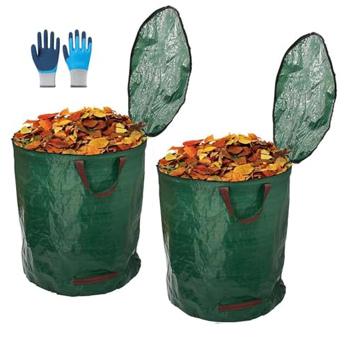 TYNJKJDM 2Pcs 500L Gartenabfallsäcke,Laubsäcke mit Deckel,Extra große und stabile Gartensäcke,Faltbare Waschbare für Rasenschnitt Grünschnitt Laubabfall(2pcs with Cover,45x76cm) von TYNJKJDM