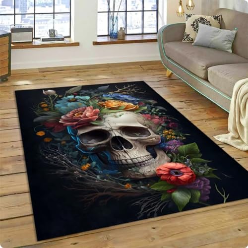 Totenkopf-Blumen-Gothic-bedruckter Teppich-Teppich für Zuhause Wohnzimmer Schlafzimmer Sofa Fußmatte Dekor rutschfeste Bodenmatte 80 * 160cm von TYNWASTH