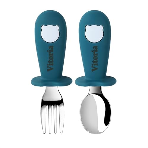 TYRY.HU Baby Löffel und Gabel Fütterung mit Namen Set Kinderbesteck Besteckset Gegenkokals Mit Silikon Griffe Esslernbesteck Selbstfüttere Utensilien für Baby LED Absetzerhäuser von TYRY.HU