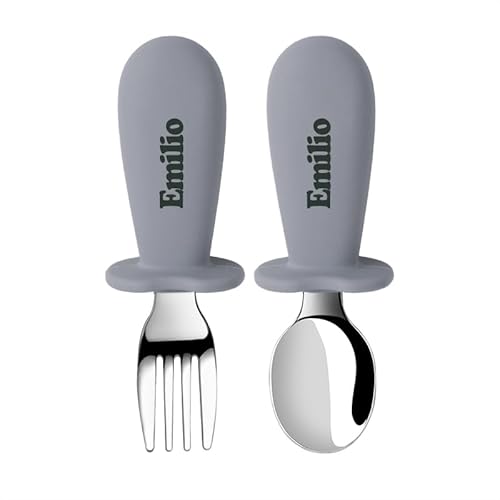 TYRY.HU Baby Löffel und Gabel Fütterung mit Namen Set Kinderbesteck Besteckset Gegenkokals Mit Silikon Griffe Esslernbesteck Selbstfüttere Utensilien für Baby LED Absetzerhäuser von TYRY.HU