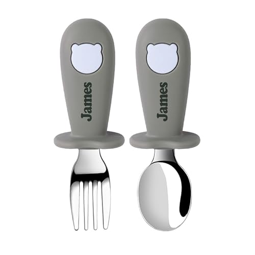 TYRY.HU Baby Löffel und Gabel Fütterung mit Namen Set Kinderbesteck Besteckset Gegenkokals Mit Silikon Griffe Esslernbesteck Selbstfüttere Utensilien für Baby LED Absetzerhäuser von TYRY.HU