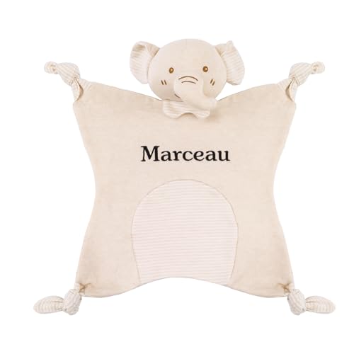 TYRY.HU Babydecke mit Namen Personalisierte Schmusetuch Kuscheldecke Schnuffeltuch Strick Geschenk zur Geburt(Rassel Elefanten) von TYRY.HU