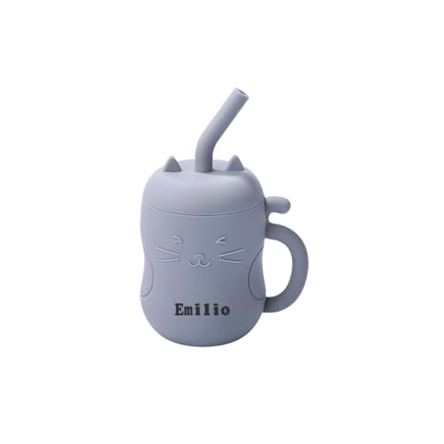 TYRY.HU Trinkbecher mit Namen Silikon Dinky Cup DIY Kleinkinder Katzen Trinkbecher mit Griff Deckel Strohbürste Trinklernbecherfür das Selbstfütterungstraining Selbstständiges Lernen Grau von TYRY.HU