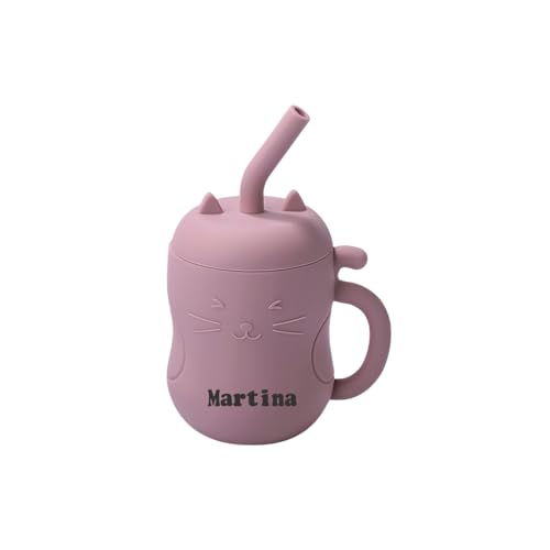 TYRY.HU Trinkbecher mit Namen Silikon Dinky Cup DIY Kleinkinder Katzen Trinkbecher mit Griff Deckel Strohbürste Trinklernbecherfür das Selbstfütterungstraining Selbstständiges Lernen von TYRY.HU