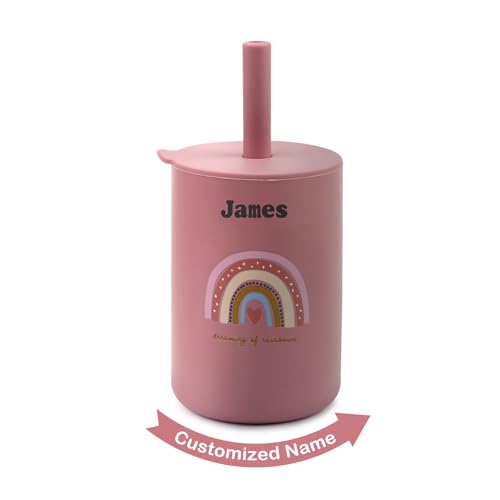 TYRY.HU Trinkbecher mit Namen Silikon Dinky Cup DIY Kleinkinder Trinkbecher Set mit Deckel Strohbürste, Trinklernbecherfür das Selbstfütterungstraining Selbstständiges Lernen Hellrosa von TYRY.HU