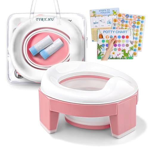 Töpfchen Toilettensitz Kinder 3 in 1 Faltbare WC Baby Potty Training Sitze AuBen Innen Tragbar Reisetöpfchen mit Reisetasche und Einweg Liner Müllsäcke für ab 1 2 Jahre Jungen und Mädchen(Rosa) von TYRY.HU