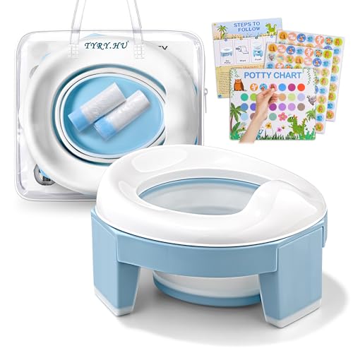 Toilettensitz Kinder,Töpfchen Training Sitze,Reisetöpfchen 3-IN-1 Unterwegs Potty Seat Baby Faltbare Tragbar Anti-Rutsch-Design mit Einweg Töpfchen Einlagen(Blau) von TYRY.HU