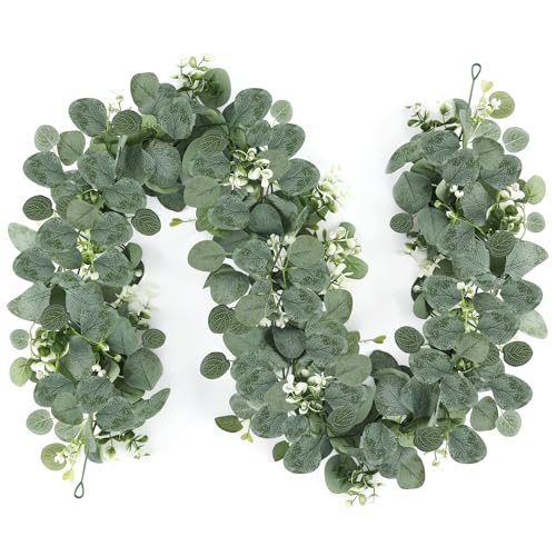 TYSM-CC 2 Stück 1,8m Künstliche Eukalyptus Girlande mit Silberblatt, Weißen Blüten & Beeren-Dekor | Wiederverwendbare Rankenpflanzen für Hochzeitsdekoration, Partys, Tischgestaltung, Wohnaccessoires von TYSM-CC