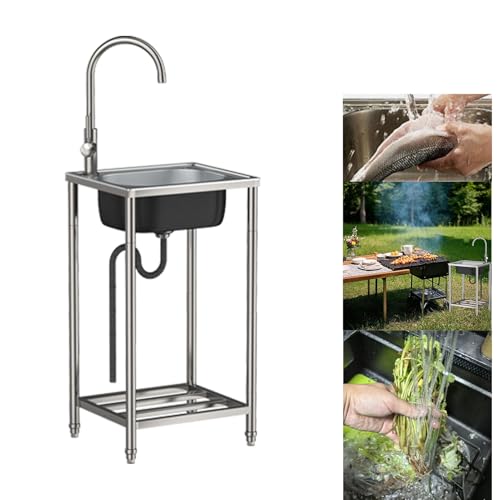 Freistehend Edelstahl- Multifunktionswaschtisch|Spültisch mit 360° Wasserhahn für Outdoor und Camping, Edelstahlspüle zur Erweiterung der Outdoorküche,Waschküche,Garage (42cm) von TYTFTDLD