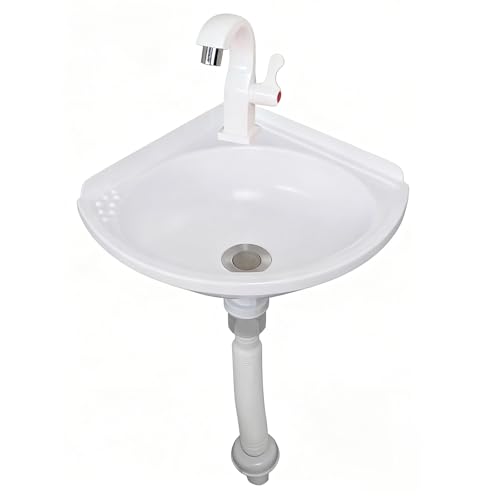 TYTFTDLD Wandausgussbecken Kunststoff Mini Waschbecken Garten Ausgussbecken Wohnmobil Waschbecken mit Verbesserte Version Kunststoffhahn und Abflussrohr-39.5x27.5 x 11cm, Weiß von TYTFTDLD