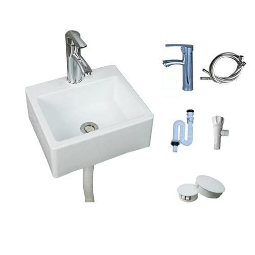 TYTFTDLD Weißes Kunststoff gebogenes quadratisches Waschbecken mit vier Ecken Badezimmer Waschbecken mit wandhängendem einschließlich Legierungshahn und Wasserrohr 33.5 * 29 * 13cm[Gerade] von TYTFTDLD