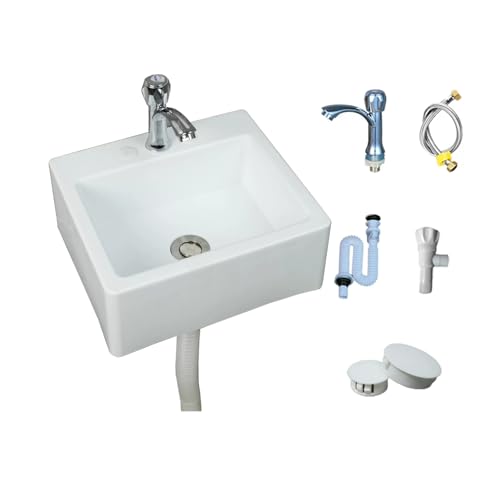 TYTFTDLD Weißes Kunststoff gebogenes quadratisches Waschbecken mit vier Ecken Badezimmer Waschbecken mit wandhängendem einschließlich Legierungshahn und Wasserrohr 33.5 * 29 * 13cm[kurz] von TYTFTDLD