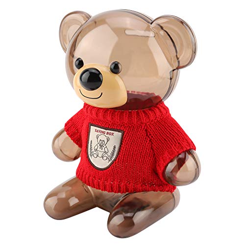 TYTOGE Kinder Münze Sparschwein Spardose Cartoon Kleidung Bär Kunststoff Transparent (Transparenter Bär in Rot) von TYTOGE