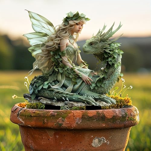 2D Harz Garten Deko Wetterfest 23 cm - Elfe mit Drachen, Schildkröte & Gartenzwerg | Grün Kunstharz Teich Deko | Tolle Garten Geschenkidee für Außenbereich von TYUIOP