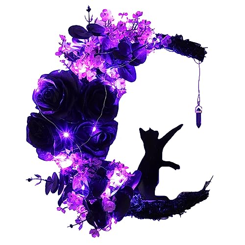 Halloween Haustürdekoration 35x25 cm - Moon Cat Wreath mit Kunstblumen | Charming Türkranz für Innenbereich | Geschenk für Katzenliebhaber & Party-Dekor (G) von TYUIOP