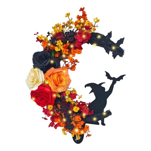 Halloween Haustürdekoration 35x25 cm - Moon Cat Wreath mit Kunstblumen | Charming Türkranz für Innenbereich | Geschenk für Katzenliebhaber & Party-Dekor (I) von TYUIOP