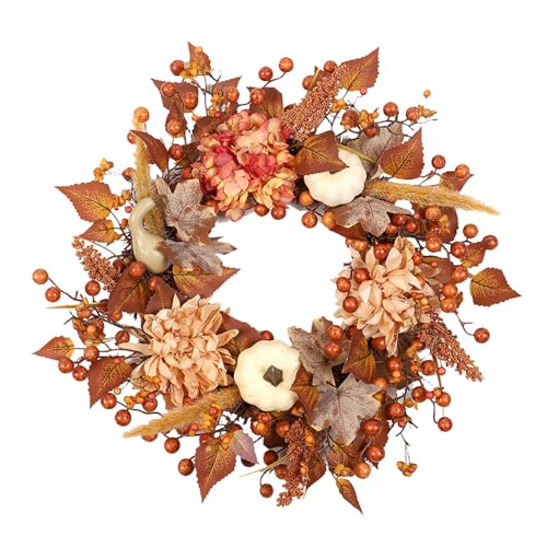 Herbstkranz mit Kürbis Ahornblättern Beeren 45cm Türkranz für Haustür Drinnen Draußen Künstliche Deko für Halloween Thanksgiving Erntedankfest (A) von TYUIOP