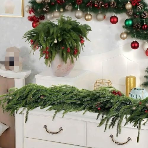 Künstliche Tannenzweig-Girlande 180 cm, Weihnachtsdekoration für Kaminsims, Treppe, Kamin, künstliche Kieferngirlande grün, Party-Deko (180 cm/126 Stück) von TYUIOP