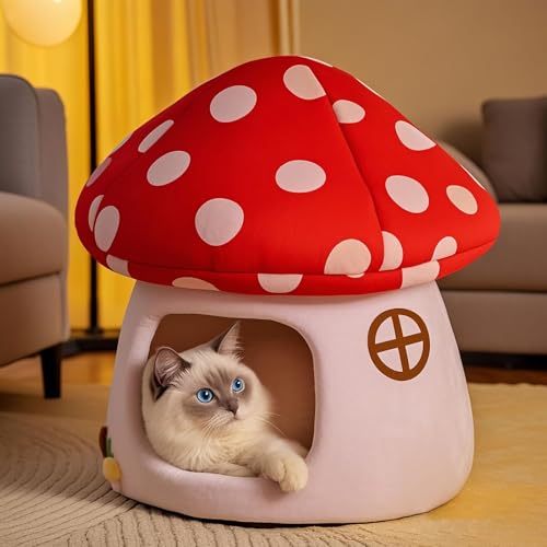 Pilz Katzenhöhle 50x47x50cm mit Abnehmbarem Kissen, Weiche Kuschelhöhle für Katzen & Kleine Hunde, Rot-Weiß Design, Warmes Katzenbett mit Kissen Pilz Katzenhöhle 50x47x50cm mit Abnehmbarem Kissen, Weiche Kuschelhöhle für Katzen & Kleine Hunde, Rot-Weiß Design, Warmes Katzenbett mit Kissen von TYUIOP