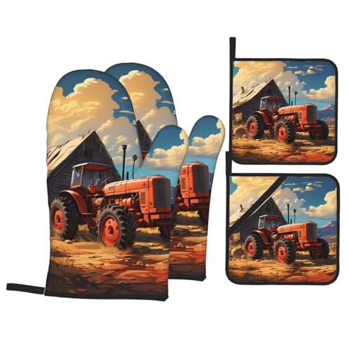 TYUMH Bauernhof Rot Traktor Küche Backen Vierteiliges Isoliergewebe Dicker Hitzebeständiger Geeignet zum Kochen Backen Grillen von TYUMH