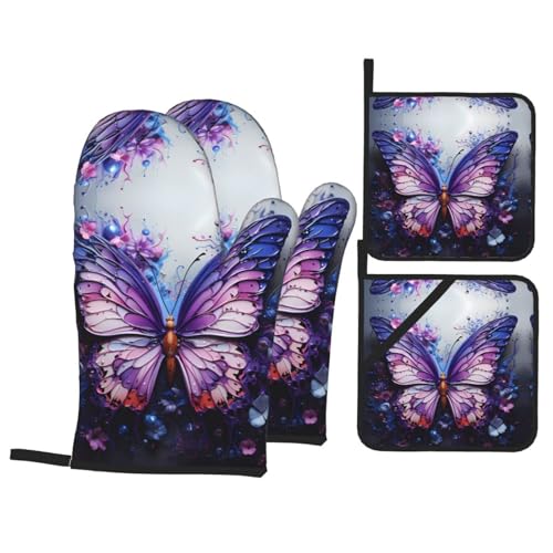 TYUMH Lila Schmetterling Blumen Küche Backen Vierteilig Isolierter Stoff Dicker Hitzebeständiger Geeignet zum Kochen Backen Grillen von TYUMH