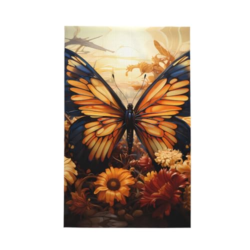 TYUMH Orange Gelb Schmetterling Feld Blumen Ultrafeine Faser Waffel Küchentuch, weich und saugfähig, geeignet zum Trocknen von Geschirr und Reinigung von TYUMH