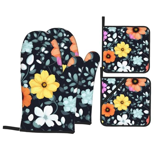 TYUMH Schöne Bunte Blumen Küche Backen Vierteilig Isolierter Stoff Dicker Hitzebeständiger Geeignet zum Kochen Backen Grillen von TYUMH