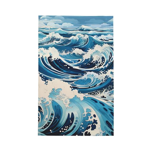 TYUMH Ukiyo-e Style Waves ultrafeine Faser Waffel-Küchentuch, weich und saugfähig, geeignet zum Trocknen von Geschirr und Reinigung von TYUMH